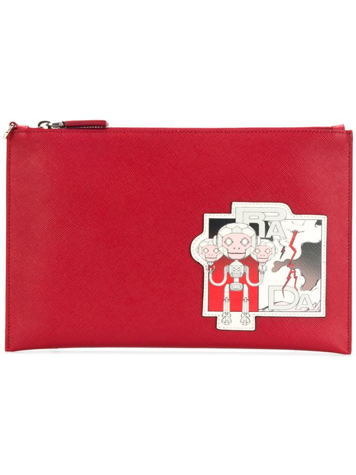 Prada Saffiano Robot Monkey Patch Clutch - Red