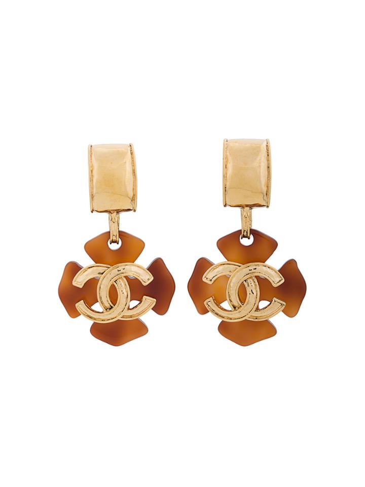 Chanel Vintage Cc Logo Clover Motif Earrings - Metallic