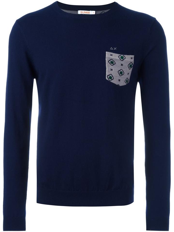 Sun 68 Crew Neck Printed Pocket Jumper, Men's, Size: Xxl, Blue, Cotton/wool