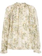 Burberry Ruffle Detail Floral Silk Blend Blouse - Neutrals
