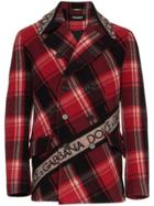 Dolce & Gabbana Double Breasted Logo Tape Tartan Wool Blend Pea Coat -