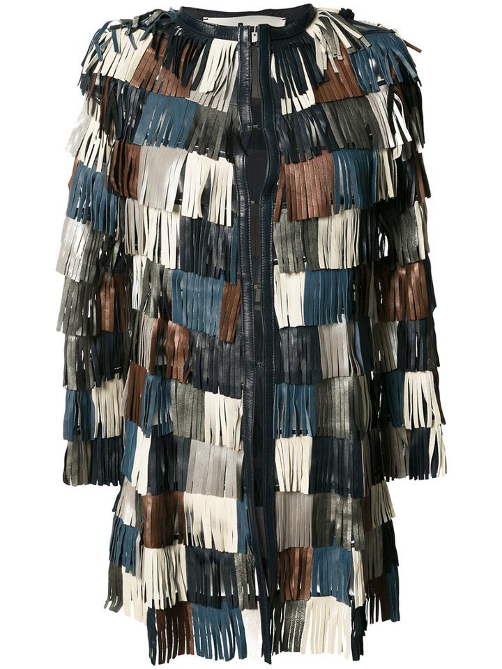 Caban Romantic - Fringed Patch Jacket - Women - Leather/polyamide - 42, Blue, Leather/polyamide