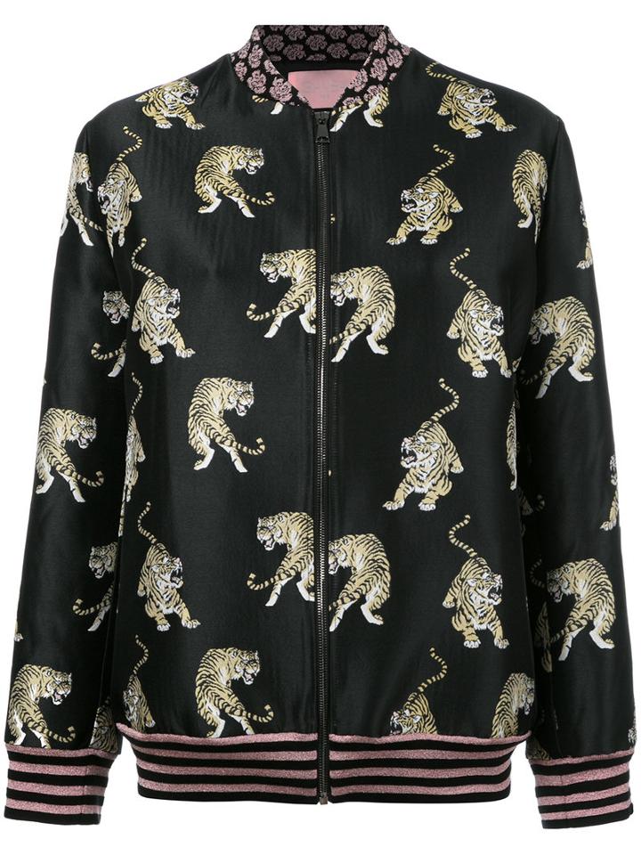 Giamba Tiger Print Bomber Jacket, Women's, Size: 46, Black, Polyamide/polyester/cotton/cupro