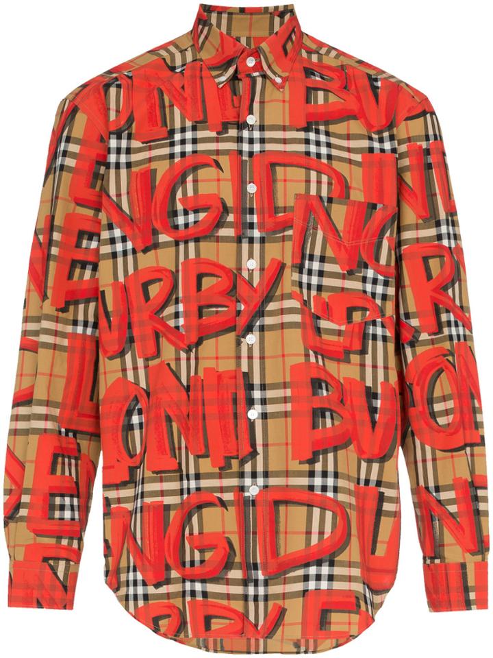 Burberry Bright Red Graffiti Print Check Shirt - Brown