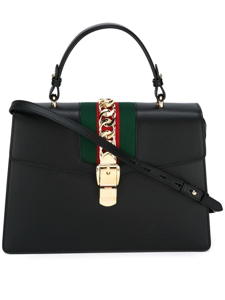 Gucci Sylvie Tote, Black, Leather/cotton/metal (other)