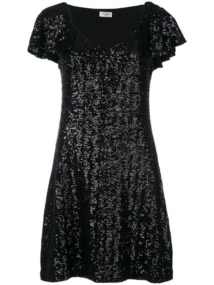 Saint Laurent Sequin Flutter Sleeve Dress, Women's, Size: Medium, Black, Polyester