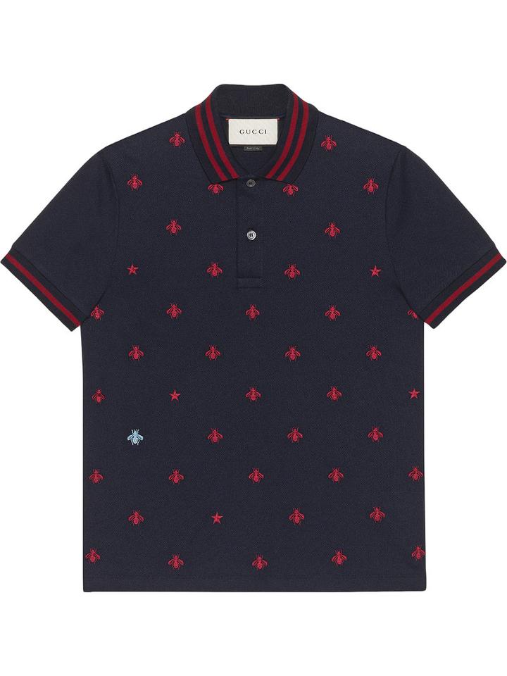 Gucci - Cotton Polo With Bees And Stars - Men - Cotton/spandex/elastane - Xl, Blue, Cotton/spandex/elastane