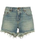 Saint Laurent Low Rise Frayed Denim Shorts - Blue