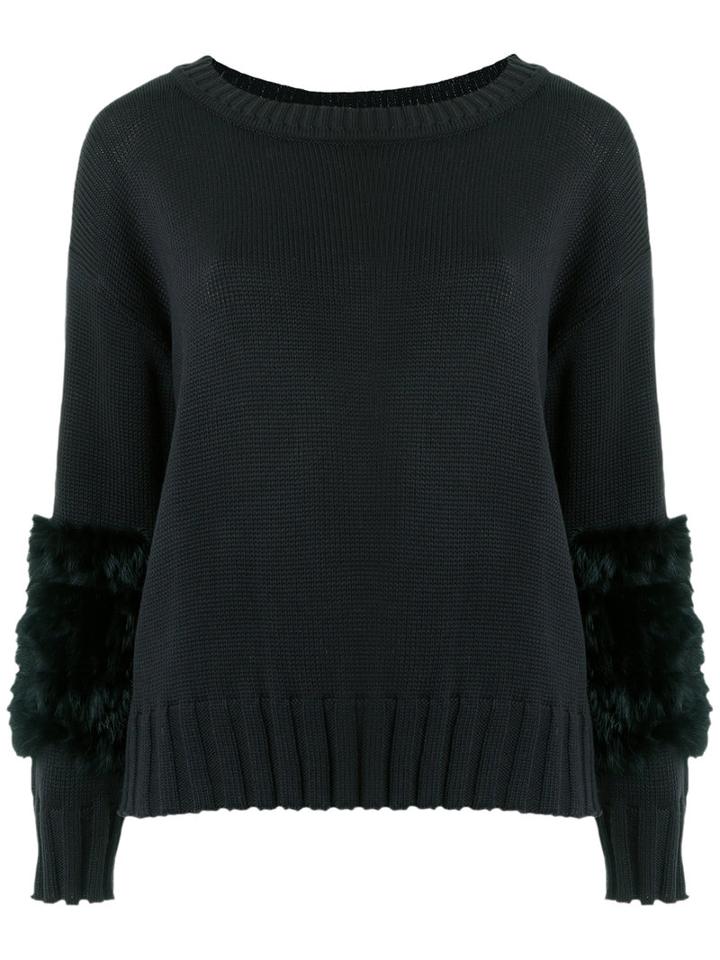Andrea Bogosian Fur Trimmed Knit Top, Women's, Size: Medium, Black, Cotton/rabbit Fur