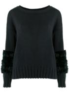 Andrea Bogosian Fur Trimmed Knit Top, Women's, Size: Medium, Black, Cotton/rabbit Fur