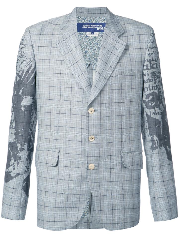 Junya Watanabe Comme Des Garçons Man - Printed Sleeve Check Blazer - Men - Cotton/linen/flax - L, Blue, Cotton/linen/flax