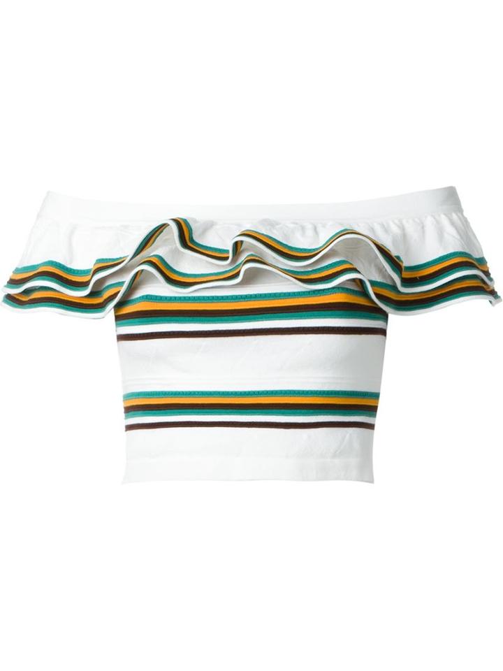 Msgm Contrast Stripe Ruffle Off Shoulder Top