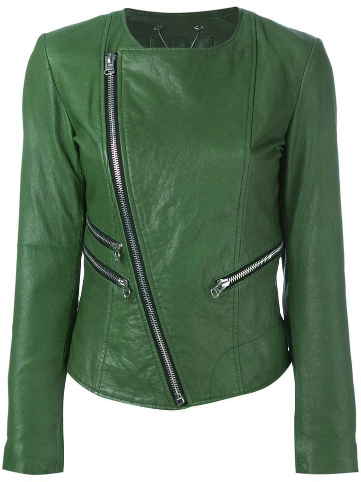 Twin-set Zip Detail Leather Jacket, Women's, Size: 42, Green, Goat Skin/polyester