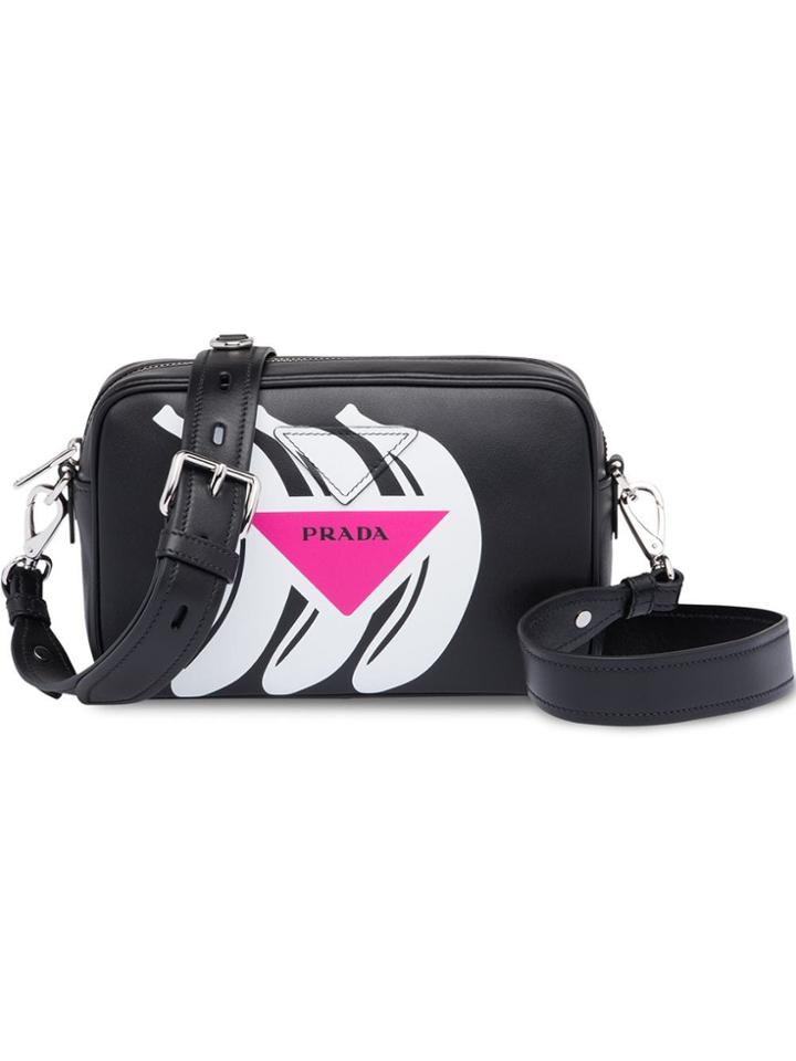 Prada Logo Print Leather Shoulder Bag - Black