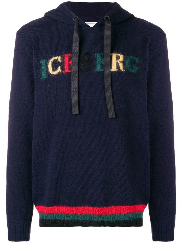 Iceberg Logo Intarsia Hooded Jumper - Blue