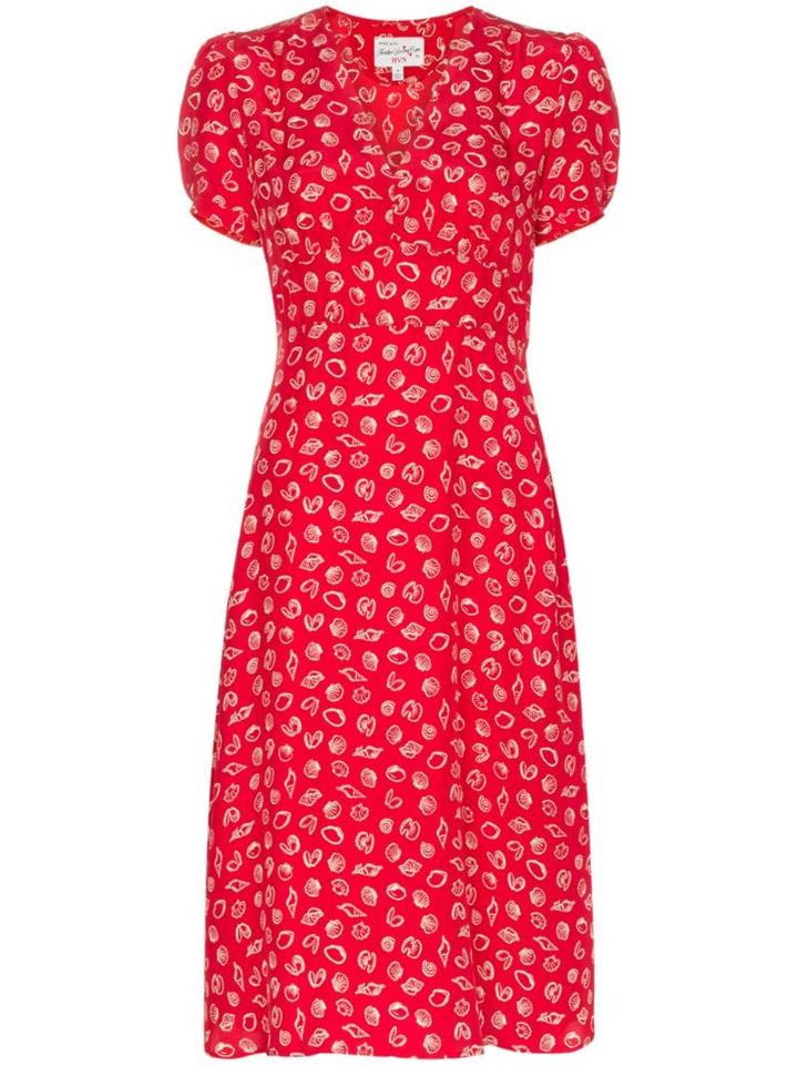 Hvn Paula Shell Print Midi Silk Dress - Red