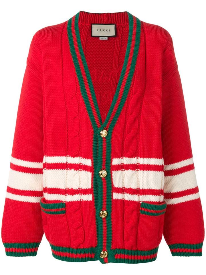 Gucci Web-trimmed Cable Knit Cardigan - Red