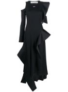 Off-white Ruffled Details Asymmetric Midi Dress - Black