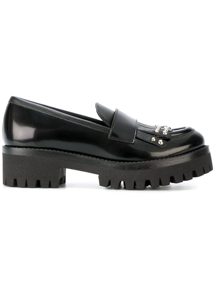 Pollini Studded Fringe Mocassins - Black
