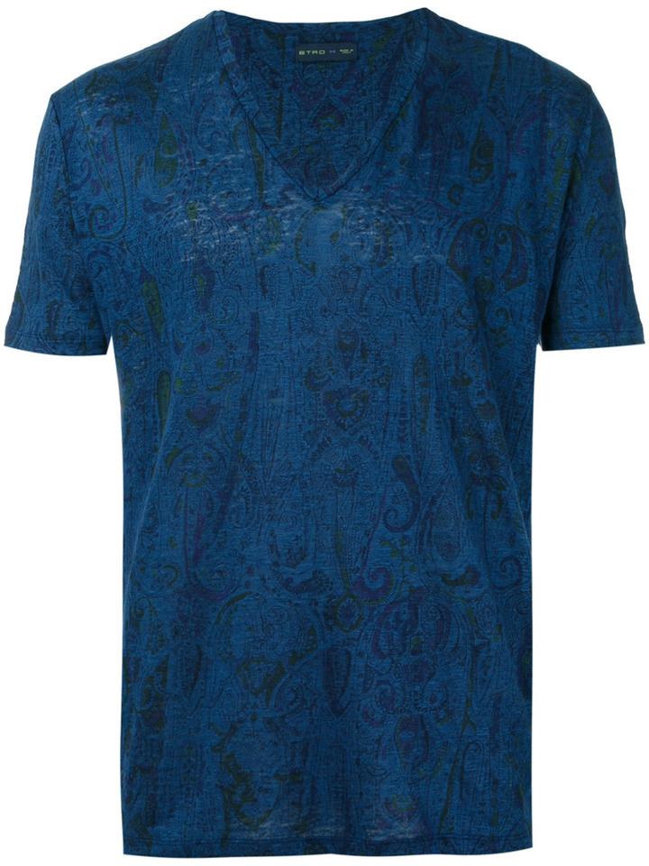 Etro - V-neck T-shirt - Men - Linen/flax - M, Blue, Linen/flax