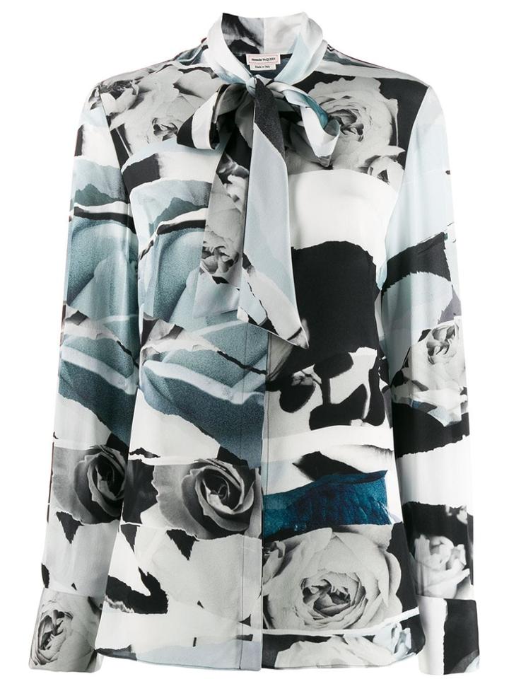 Alexander Mcqueen Rose Print Pussybow Shirt - Blue