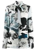 Alexander Mcqueen Rose Print Pussybow Shirt - Blue