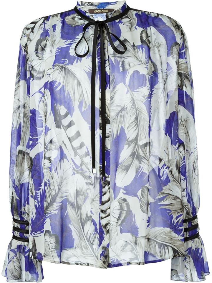 Roberto Cavalli Feather Print Blouse, Women's, Size: 50, Blue, Silk