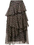 Alexa Chung Floral Tiered Ruffle Midi Skirt - Pink & Purple