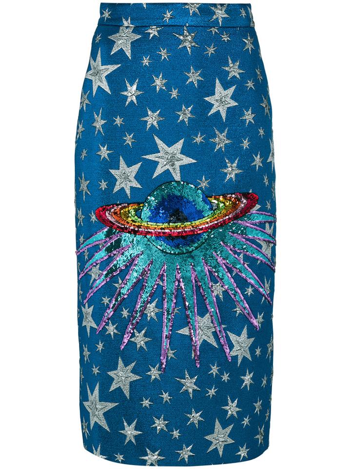 Gucci - Embellished Planet Midi Skirt - Women - Silk/cotton/acrylic/viscose - 38, Blue, Silk/cotton/acrylic/viscose
