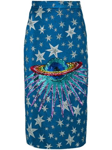 Gucci - Embellished Planet Midi Skirt - Women - Silk/cotton/acrylic/viscose - 38, Blue, Silk/cotton/acrylic/viscose