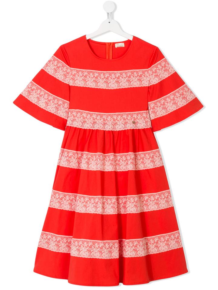 Elisabetta Franchi La Mia Bambina Lace Striped Dress - Red