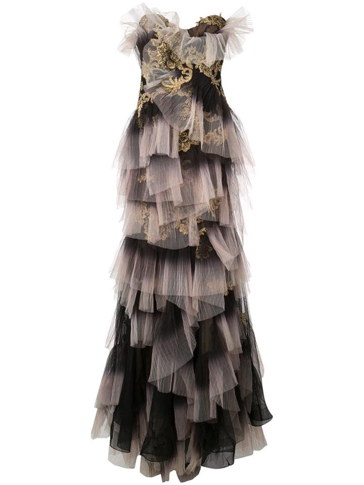 Marchesa Embroidered Ruffle Panel Gown - Black