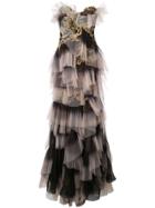Marchesa Embroidered Ruffle Panel Gown - Black