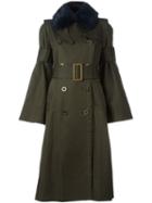 Sacai Fur Collar Trenchcoat, Women's, Size: 4, Green, Cotton/cupro/lamb Fur