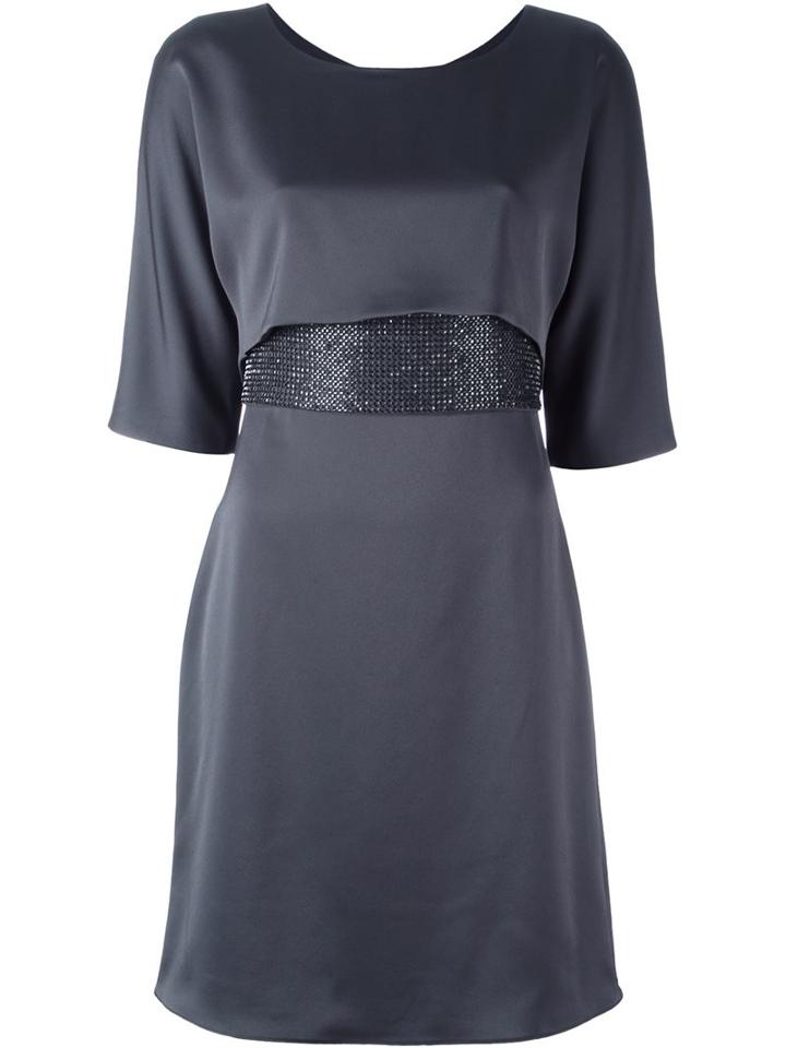 Armani Collezioni Beaded Waist Satin Dress, Women's, Size: 44, Grey, Polyester/glass