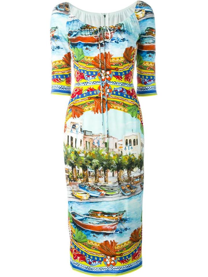 Dolce & Gabbana Carretto Siciliano Print Dress, Women's, Size: 44, Silk/spandex/elastane