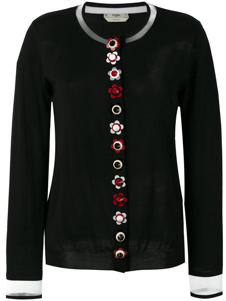 Fendi Floral Placket Cardigan, Women's, Size: 46, Black, Silk/cashmere/polyester/plastic