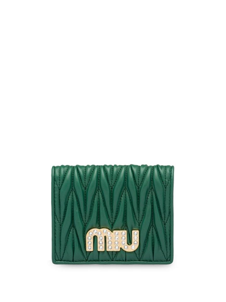 Miu Miu Matelassé Embellished Logo Wallet - Green