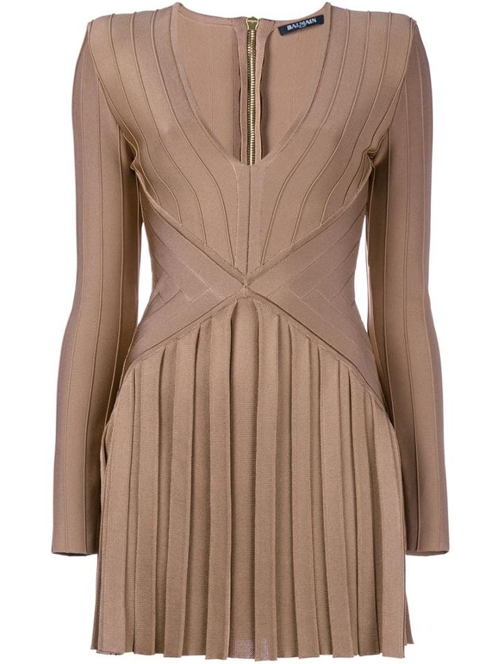 Balmain Long Sleeve Dress With Pleated Details, Women's, Size: 40, Nude/neutrals, Polyamide/spandex/elastane/viscose