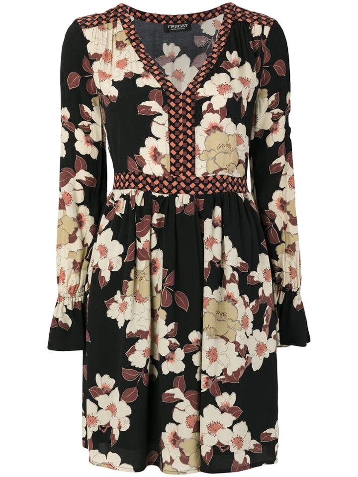 Twin-set Floral V-neck Dress - Black