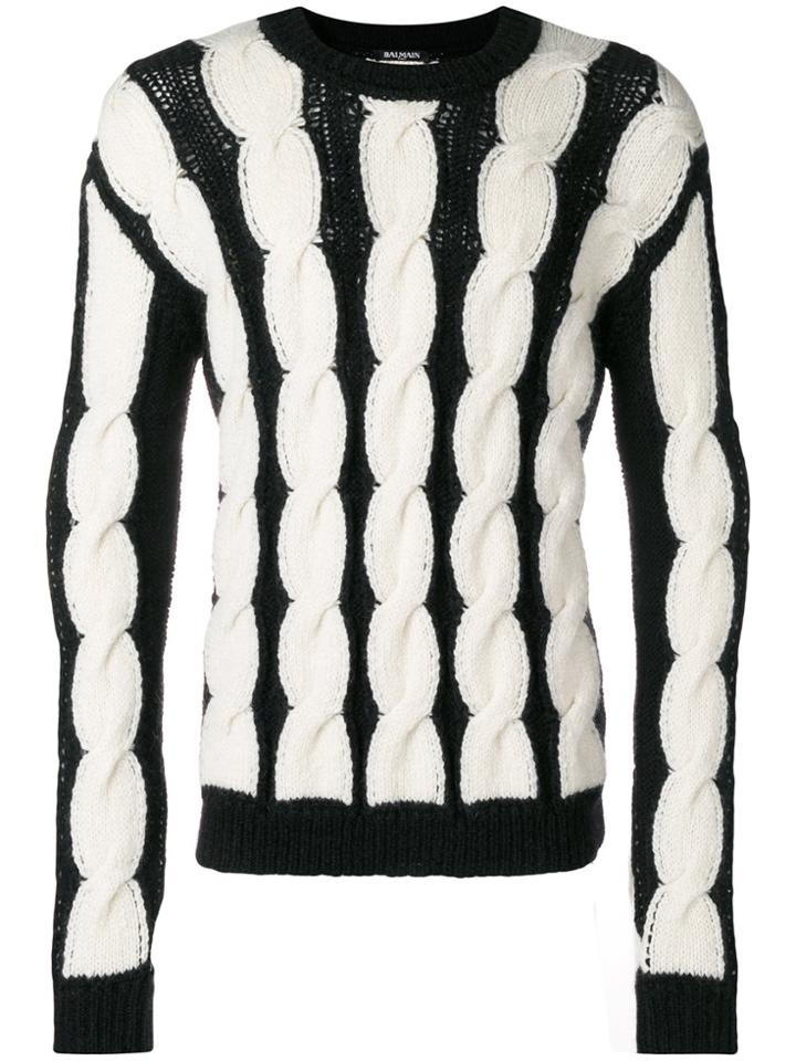 Balmain Bicolour Cable Knit Swetaer - White