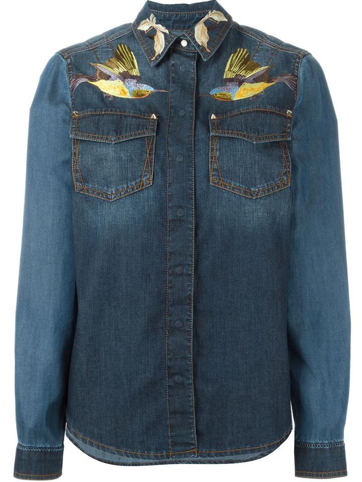 Roberto Cavalli Embroidered Birds Denim Shirt