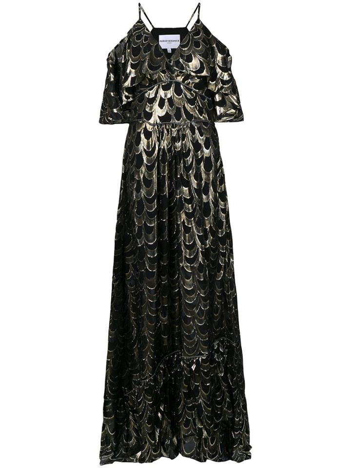 Perseverance London Metallic Teardrop Frill Gown - Black