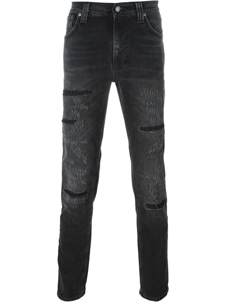 Nudie Jeans Co Distressed Slim-fit Jeans, Men's, Size: 31, Black, Organic Cotton/spandex/elastane