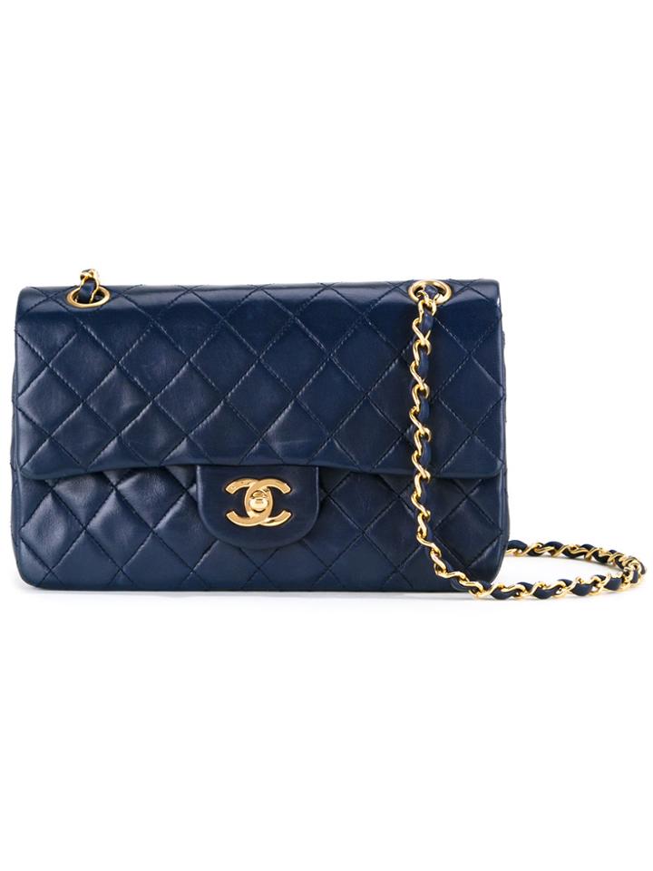 Chanel Vintage Quilted Cc Logo Double Flap Chain Shoulder Bag - Blue
