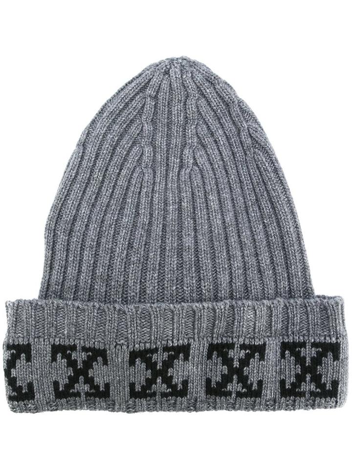 Off-white 'arrow' Print Ribbed Beanie, Women's, Size: Small, Grey, Polyamide/viscose/cashmere/wool