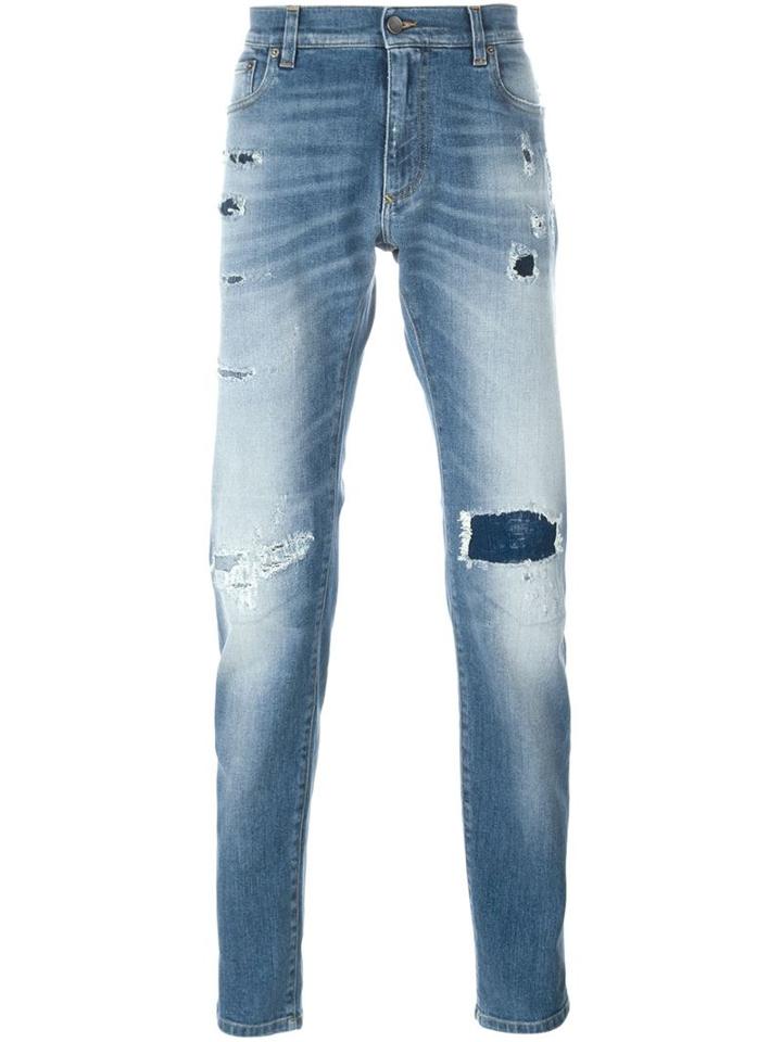 Dolce & Gabbana Distressed Regular Fit Jeans, Men's, Size: 52, Blue, Cotton/spandex/elastane