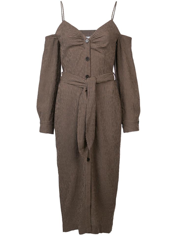 Nanushka Off-shoulder Gingham Dress - Brown