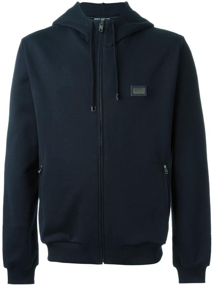 Dolce & Gabbana Zip Hoodie, Men's, Size: 52, Blue, Cotton/calf Leather/brass