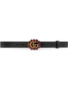 Gucci Leather Belt With Double G And Crystals - Black